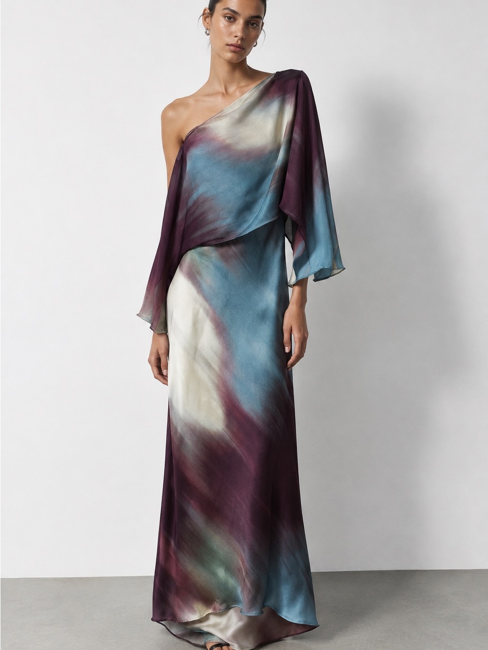 Zara Abstract Watercolor One Shoulder Draped Satin Maxi Dress Editorial Resort